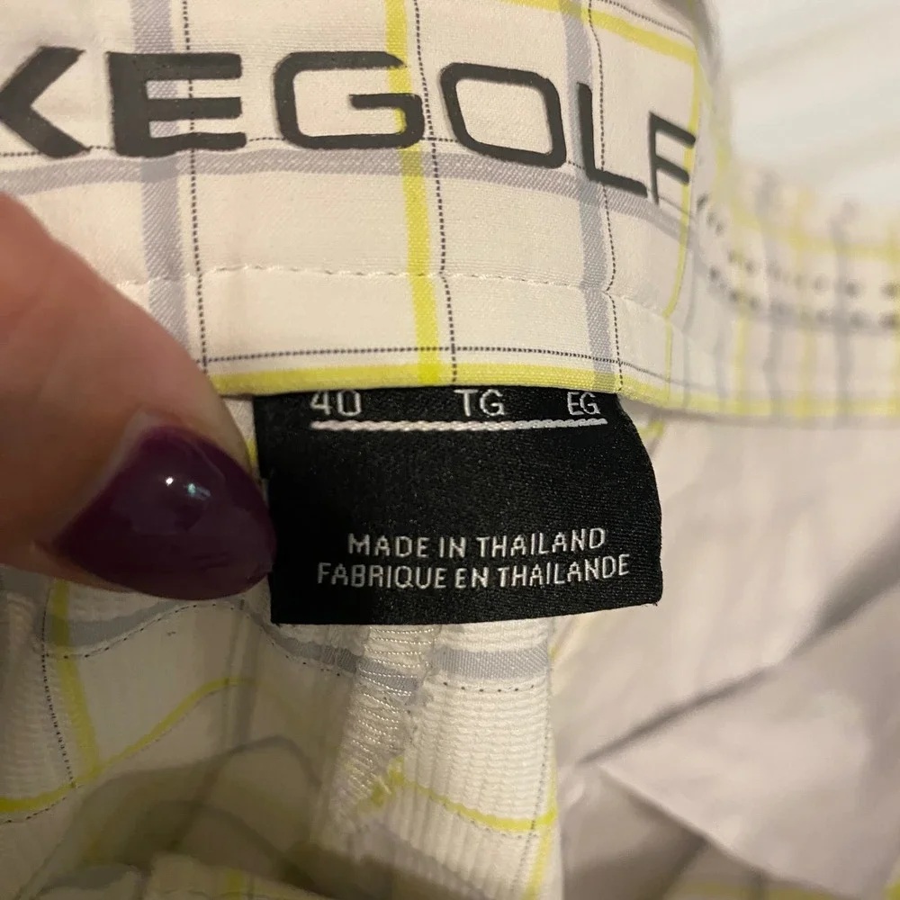 Nike Golf Shorts Men's 40 Plaid White Grey Lime Yellow Flat Front Stretch Pocket